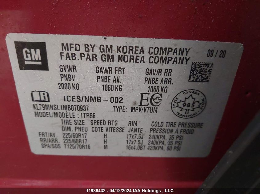 2021 Chevrolet Trailblazer VIN: KL79MNSL1MB070937 Lot: 11986432