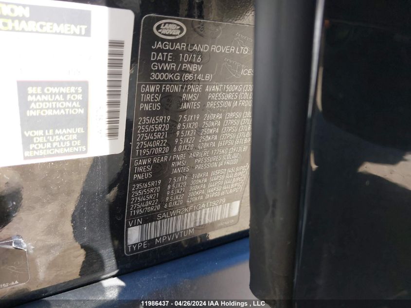 2016 Land Rover Range Rover Sport VIN: SALWR2KF1GA119279 Lot: 11986437