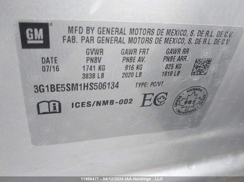 2017 Chevrolet Cruze VIN: 3G1BE5SM1HS506134 Lot: 39236699