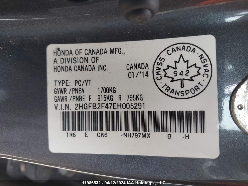 2014 Honda Civic VIN: 2HGFB2F47EH005291 Lot: 11986532
