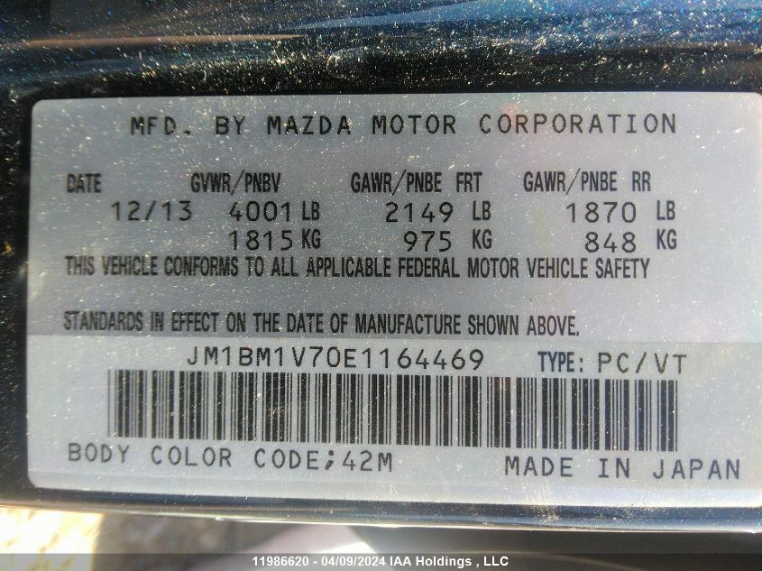 2014 Mazda 3 Touring VIN: JM1BM1V70E1164469 Lot: 11986620