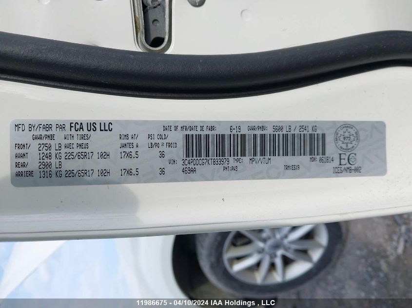 2019 Dodge Journey Sxt VIN: 3C4PDDCG7KT833979 Lot: 11986675