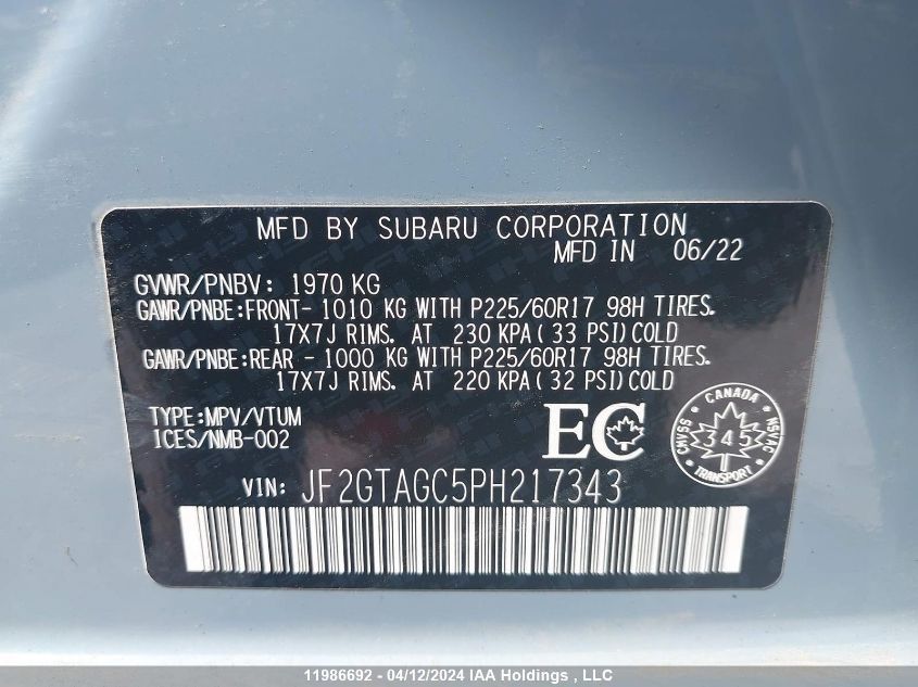 2023 Subaru Crosstrek VIN: JF2GTAGC5PH217343 Lot: 11986692