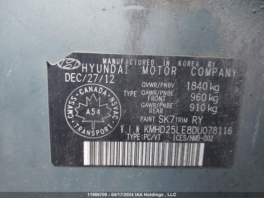 2013 Hyundai Elantra Gt Gl VIN: KMHD25LE8DU078116 Lot: 11986709