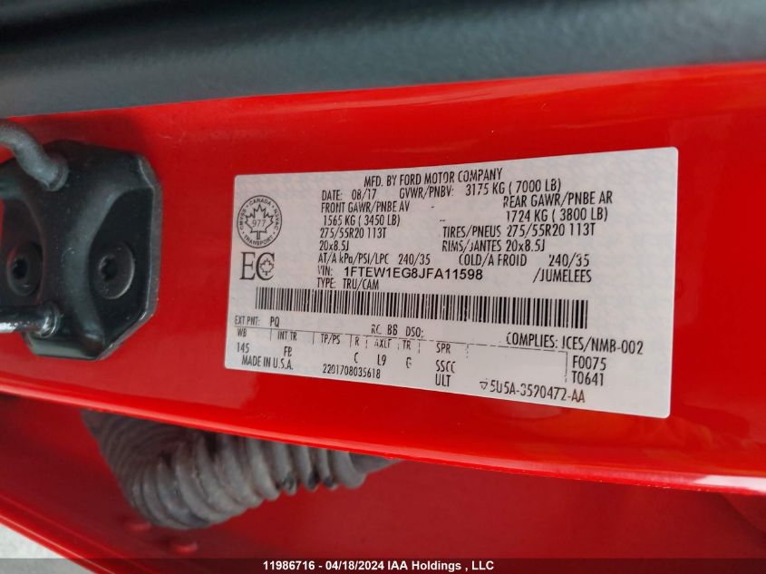2018 Ford F-150 Xlt VIN: 1FTEW1EG8JFA11598 Lot: 11986716