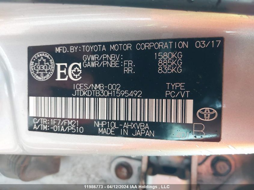 2017 Toyota Prius C VIN: JTDKDTB30H1595492 Lot: 11986773