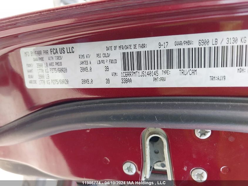 2018 Ram 1500 Sport VIN: 1C6RR7MT1JS140145 Lot: 11986774