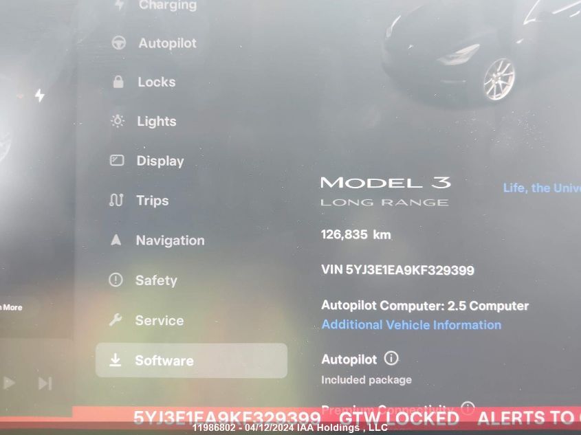 2019 Tesla Model 3 VIN: 5YJ3E1EA9KF329399 Lot: 11986802