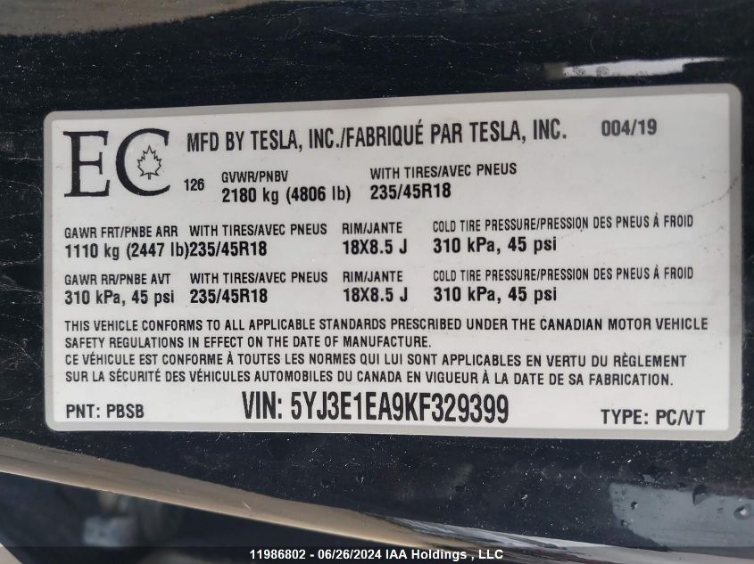 2019 Tesla Model 3 VIN: 5YJ3E1EA9KF329399 Lot: 11986802