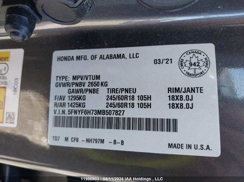 2021 Honda Pilot VIN: 5FNYF6H73MB507827 Lot: 11986803