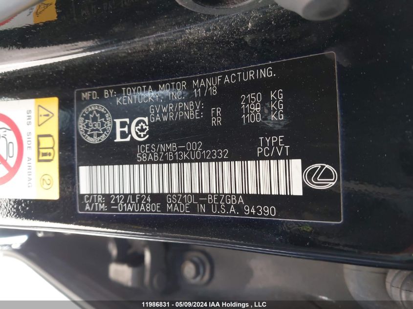 2019 Lexus Es 350 Premium VIN: 58ABZ1B13KU012332 Lot: 11986831