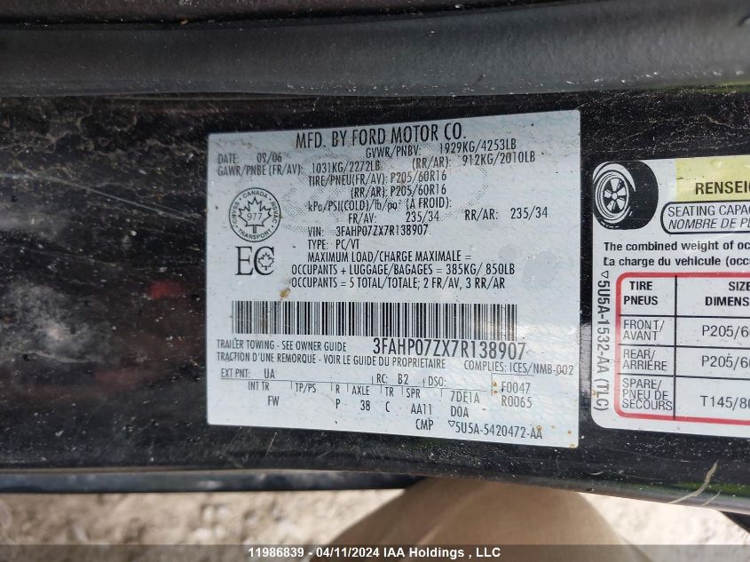 2007 Ford Fusion Se VIN: 3FAHP07ZX7R138907 Lot: 11986839