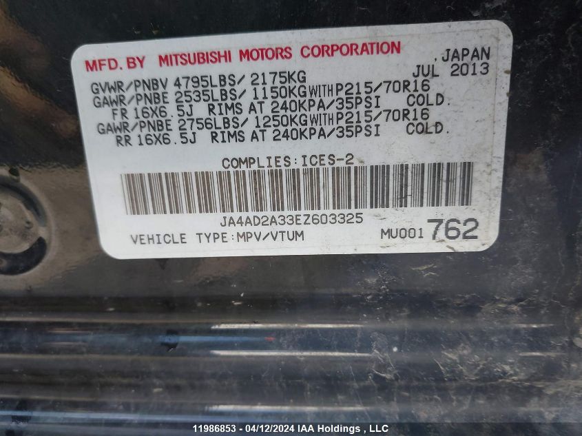 2014 Mitsubishi Outlander VIN: JA4AD2A33EZ603325 Lot: 11986853