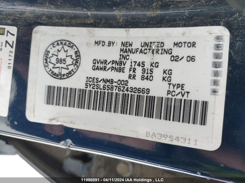 2006 Pontiac Vibe VIN: 5Y2SL65876Z432669 Lot: 11986891