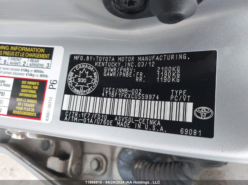 2012 Toyota Camry Se/Le/Xle VIN: 4T1BF1FKXCU559974 Lot: 11986915