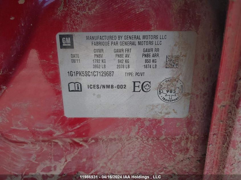 2012 Chevrolet Cruze Eco VIN: 1G1PK5SC1C7129687 Lot: 11986931