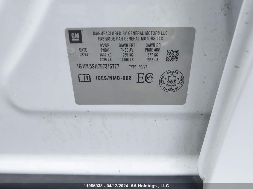 2014 Chevrolet Cruze VIN: 1G1PL5SH7E7315777 Lot: 11986938
