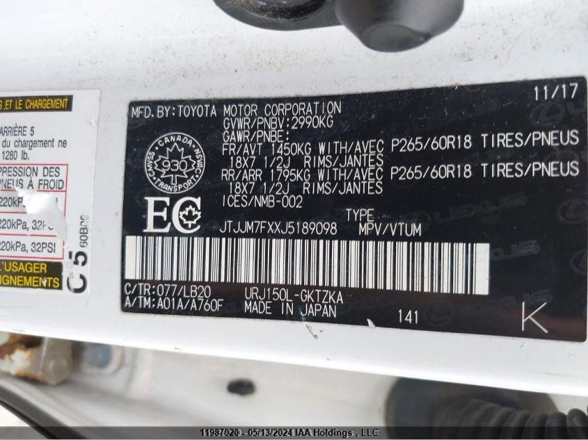 2018 Lexus Gx 460 VIN: JTJJM7FXXJ5189098 Lot: 11987020