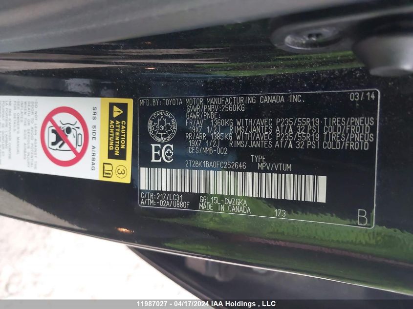 2015 Lexus Rx 350 F Sport/Sportdesign VIN: 2T2BK1BA0FC252646 Lot: 11987027