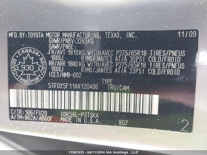 2010 Toyota Tundra Crewmax Sr5 VIN: 5TFDY5F11AX120406 Lot: 11987032