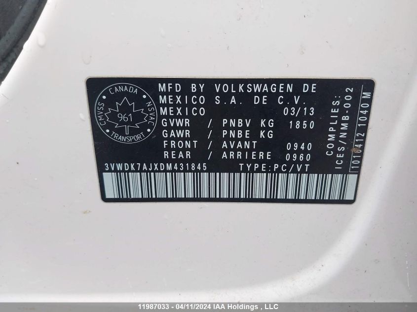 2013 Volkswagen Jetta Se VIN: 3VWDK7AJXDM431845 Lot: 11987033