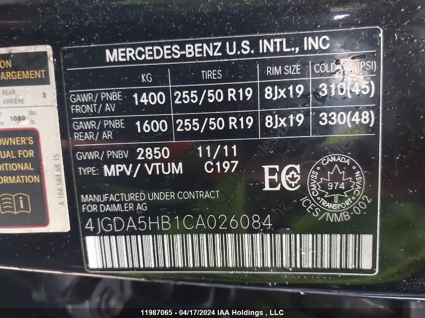 2012 Mercedes-Benz Ml-Class VIN: 4JGDA5HB1CA026084 Lot: 39239373