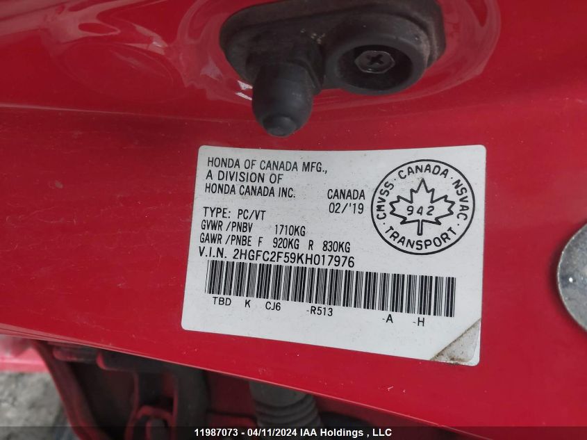 2019 Honda Civic VIN: 2HGFC2F59KH017976 Lot: 11987073