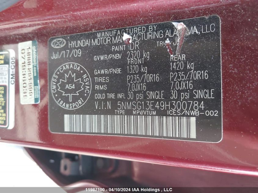 2009 Hyundai Santa Fe VIN: 5NMSG13E49H300784 Lot: 11987100