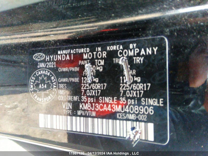 2021 Hyundai Tucson Preferred Awd VIN: KM8J3CA43MU408906 Lot: 11987120