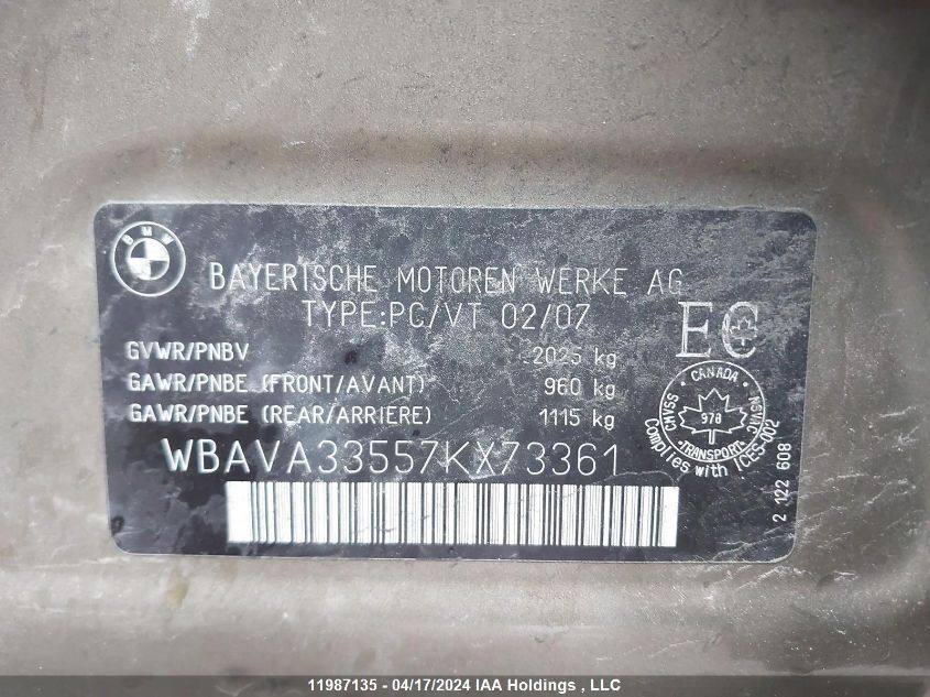 2007 BMW 3 Series 328I VIN: WBAVA33557KX73361 Lot: 11987135