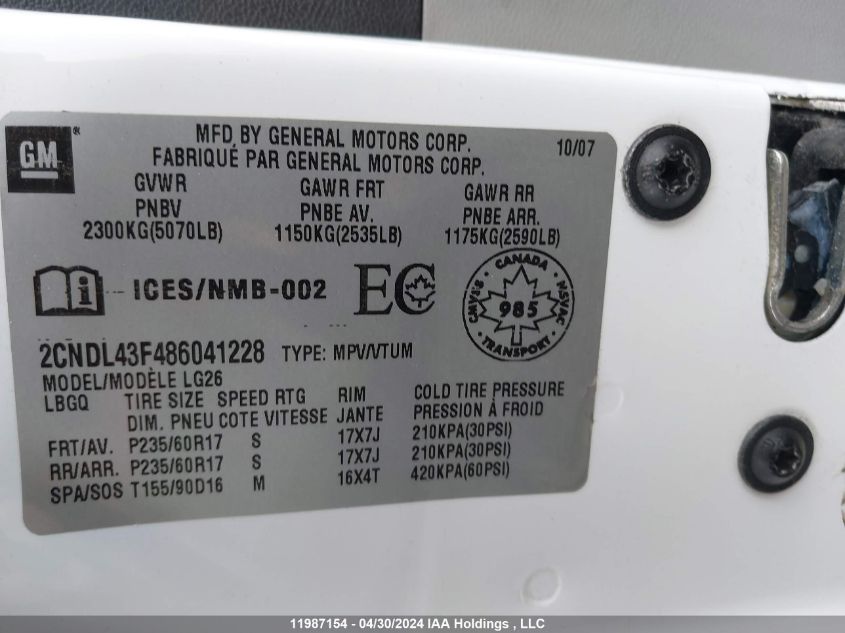 2008 Chevrolet Equinox VIN: 2CNDL43F486041228 Lot: 11987154