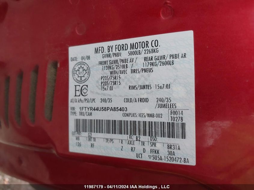 2008 Ford Ranger Super Cab VIN: 1FTYR44U58PA85403 Lot: 11987179