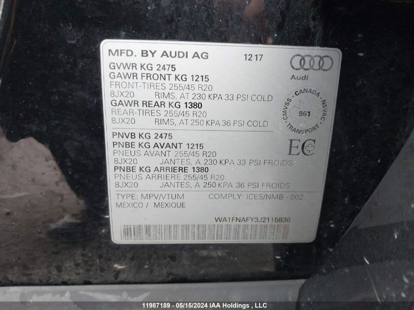 2018 Audi Q5 VIN: WA1FNAFY3J2115836 Lot: 11987189