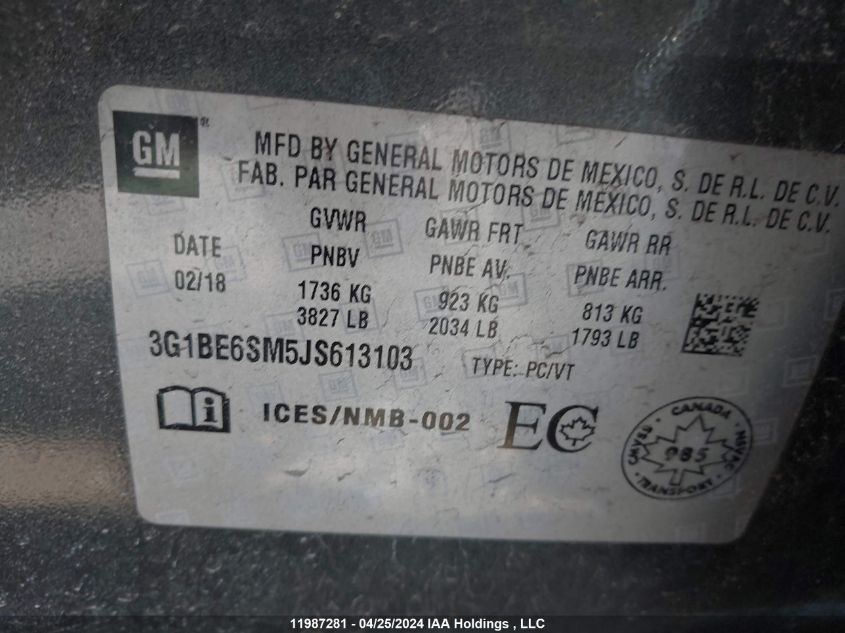 2018 Chevrolet Cruze VIN: 3G1BE6SM5JS613103 Lot: 11987281