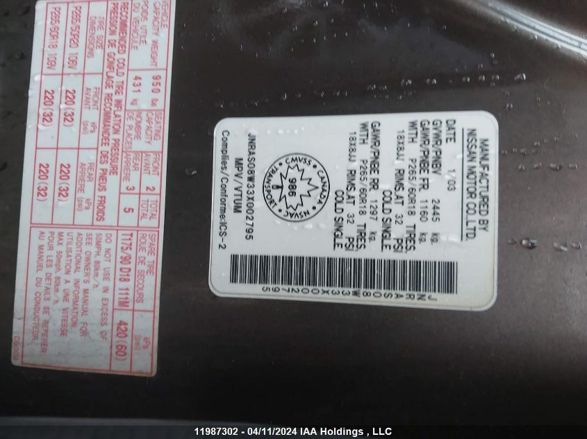 2003 Infiniti Fx35 VIN: JNRAS08W33X002795 Lot: 11987302