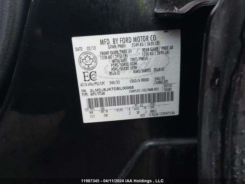 2013 Lincoln Mkx VIN: 2LMDJ8JK7DBL00068 Lot: 11987345