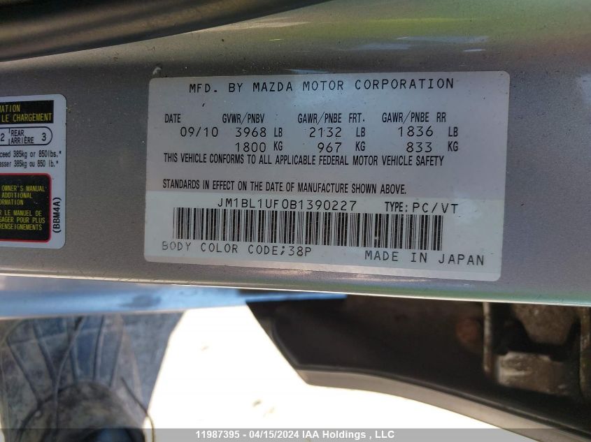 2011 Mazda Mazda3 VIN: JM1BL1UF0B1390227 Lot: 11987395