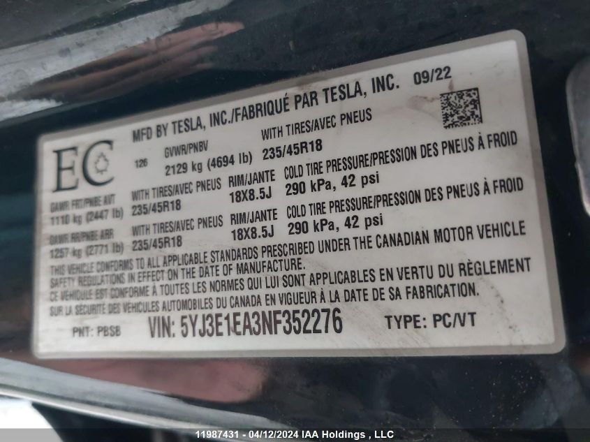 2022 Tesla Model 3 VIN: 5YJ3E1EA3NF352276 Lot: 11987431