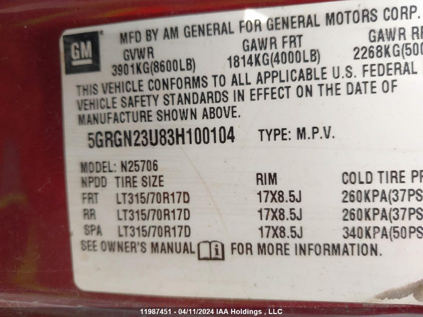 2003 Hummer H2 VIN: 5GRGN23U83H100104 Lot: 11987451