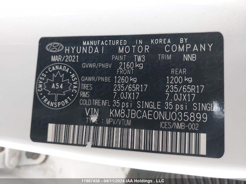 2022 Hyundai Tucson Preferred Awd VIN: KM8JBCAE0NU035899 Lot: 11987458