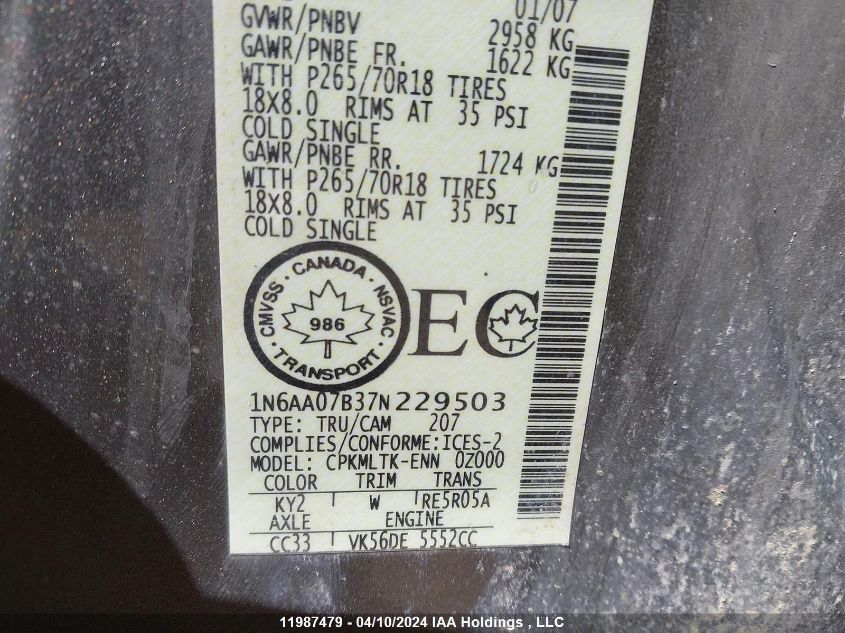 2007 Nissan Titan Xe/Se/Le VIN: 1N6AA07B37N229503 Lot: 11987479