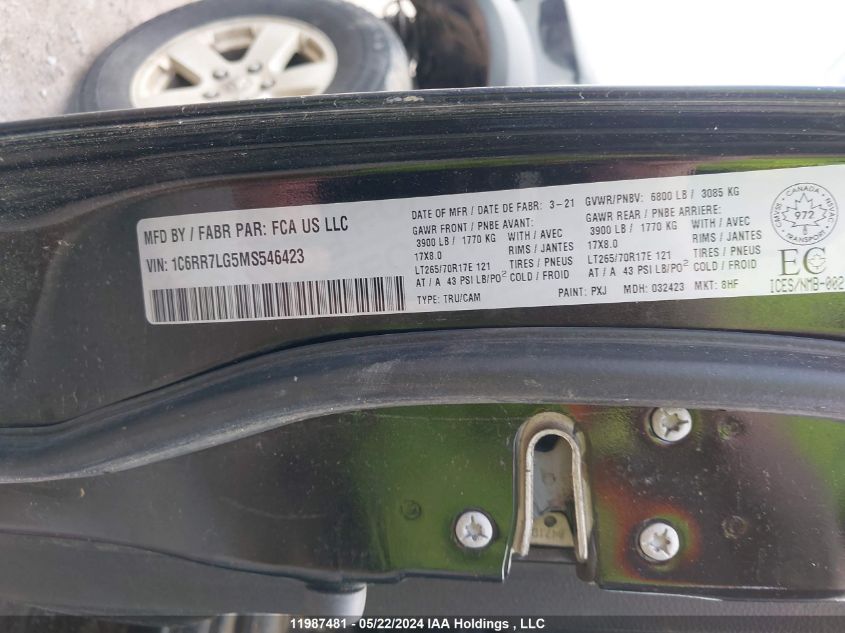 2021 Ram 1500 Classic Slt VIN: 1C6RR7LG5MS546423 Lot: 11987481