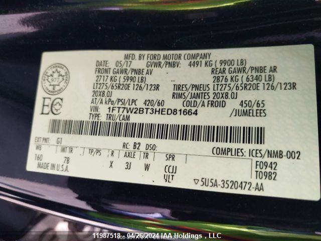 2017 Ford F250 Super Duty VIN: 1FT7W2BT3HED81664 Lot: 11987518