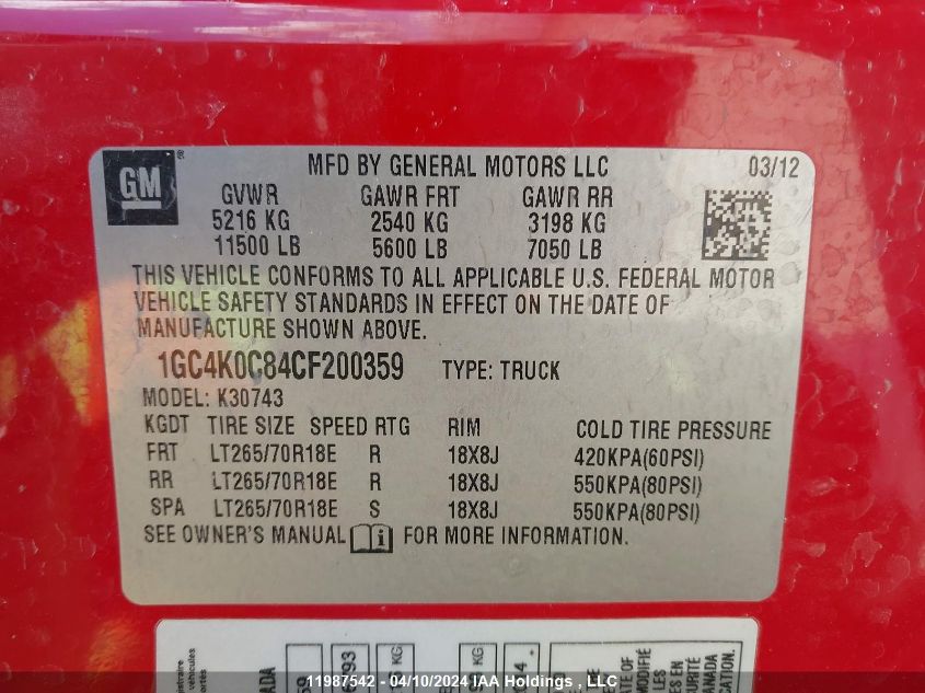 2012 Chevrolet Silverado K3500 Lt VIN: 1GC4K0C84CF200359 Lot: 11987542