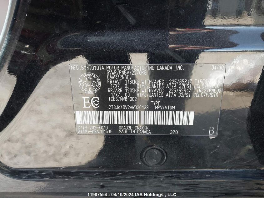 2010 Toyota Rav4 VIN: 2T3JK4DV2AW026138 Lot: 11987554