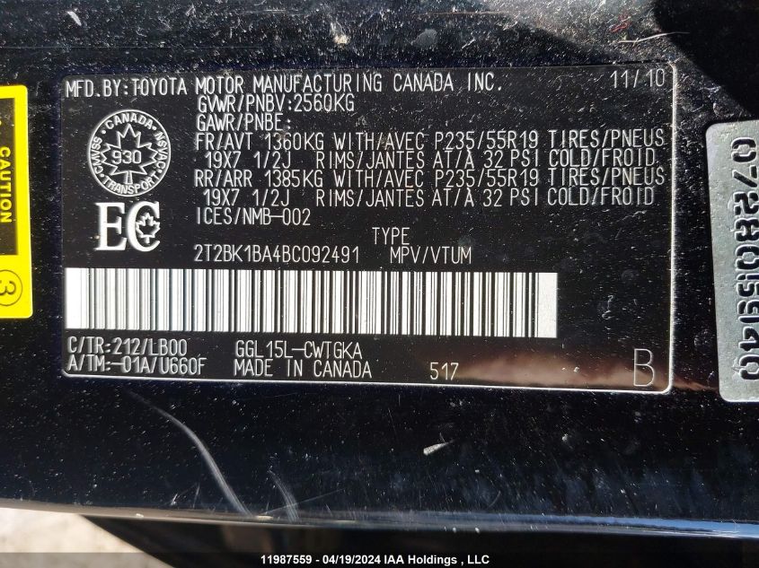 2011 Lexus Rx 350 VIN: 2T2BK1BA4BC092491 Lot: 11987559