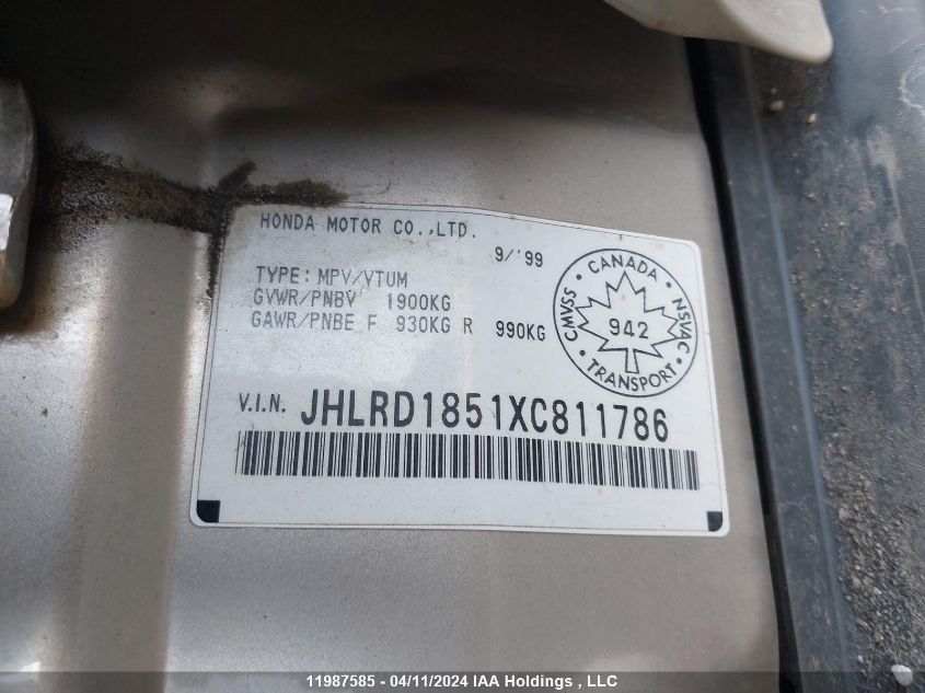 1999 Honda Cr-V VIN: JHLRD1851XC811786 Lot: 11987585