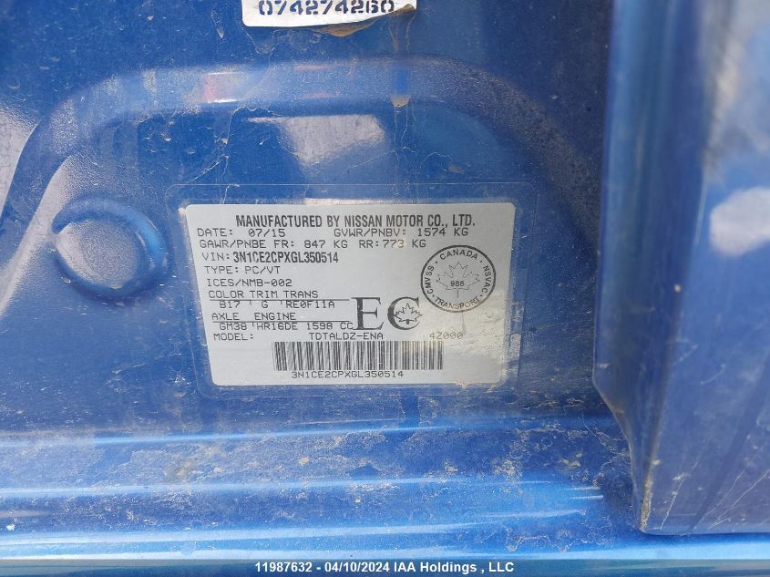 2016 Nissan Versa Note VIN: 3N1CE2CPXGL350514 Lot: 50935514