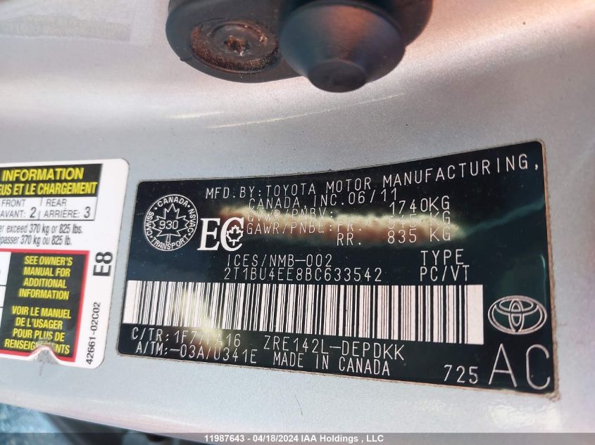 2011 Toyota Corolla Le VIN: 2T1BU4EE8BC633542 Lot: 11987643