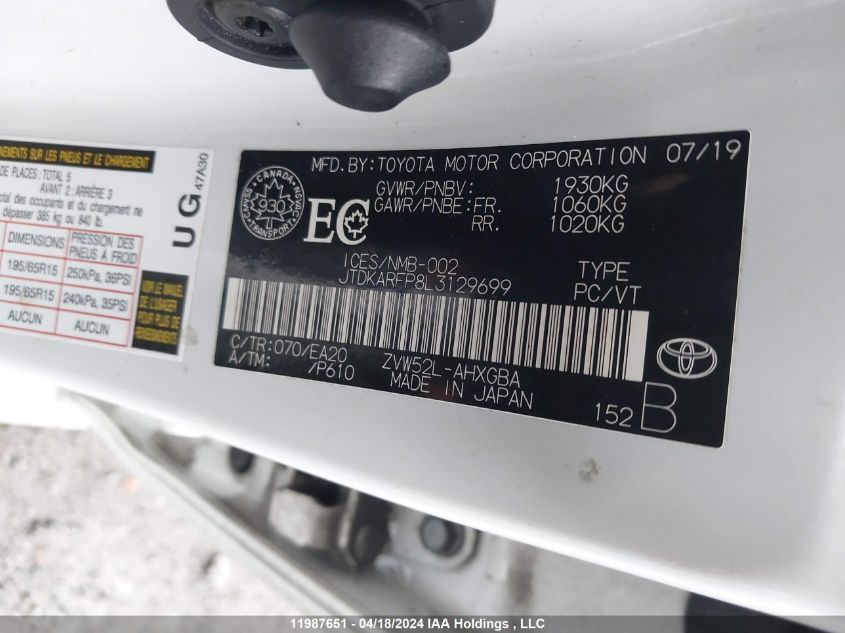 2020 Toyota Prius Prime VIN: JTDKARFP8L3129699 Lot: 11987651